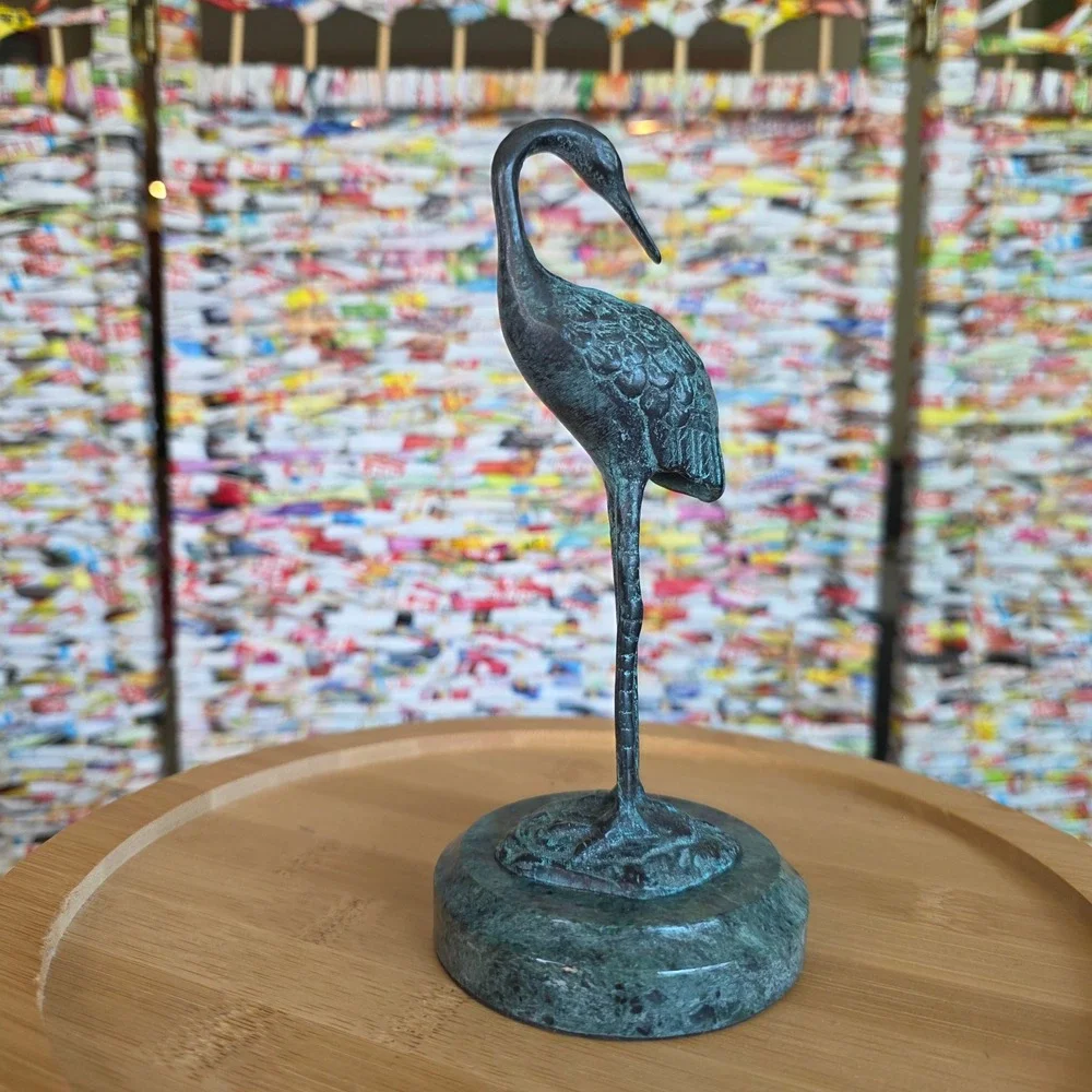 Vintage Bronze Heron Crane Figurine Sculpture on Green Marble Base Verdigris